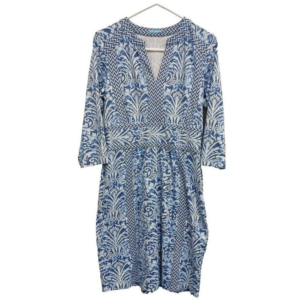 J.McLaughlin Dress Womens Medium Blue Catalina Cloth Damask 3/4 Sleeve Sheath